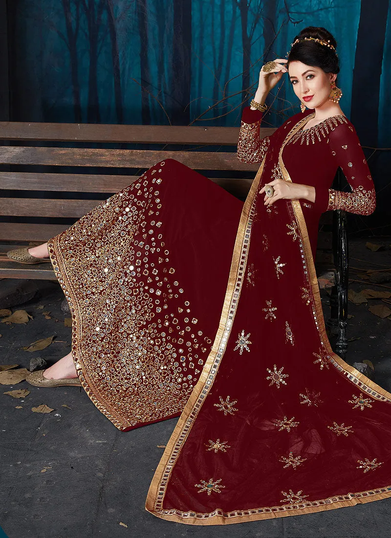 Red All Over Zari And Mirror Embroidered Anarkali Suit