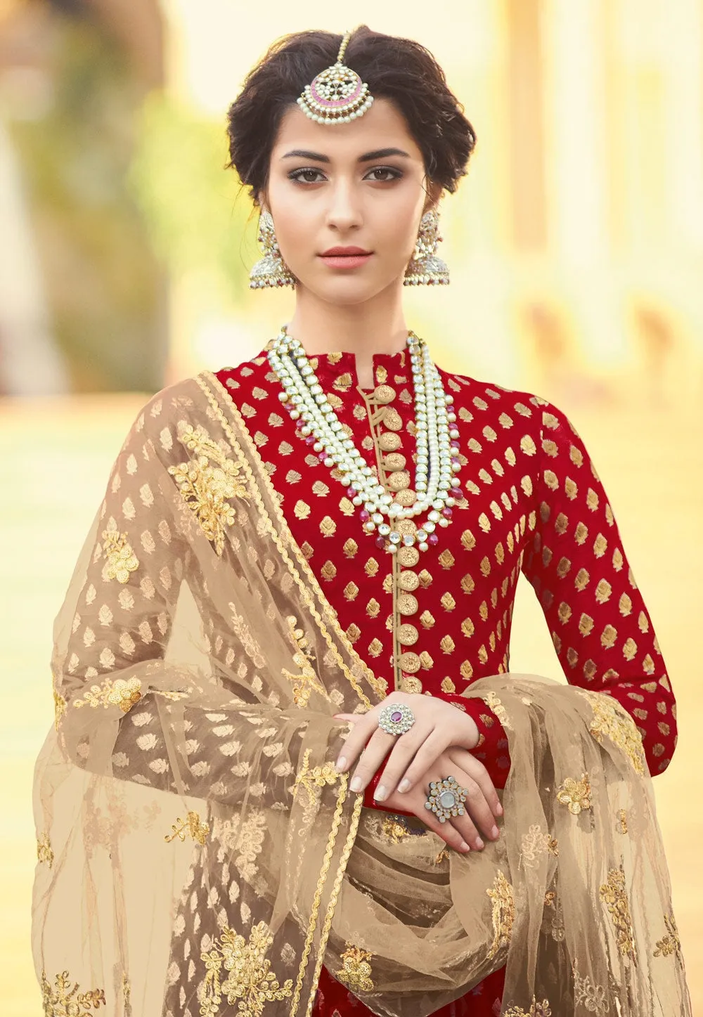 Red And Beige Traditionally Embellished Anarkali Suit