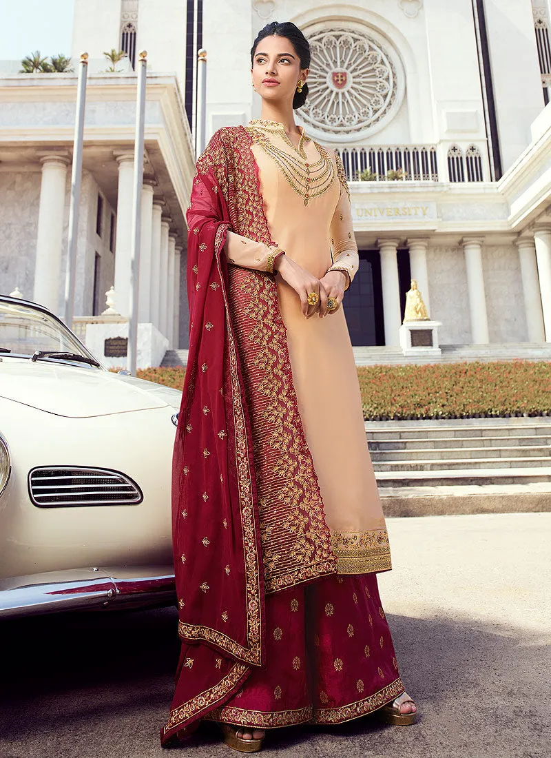 Red And Golden Embroidered Palazzo Suit