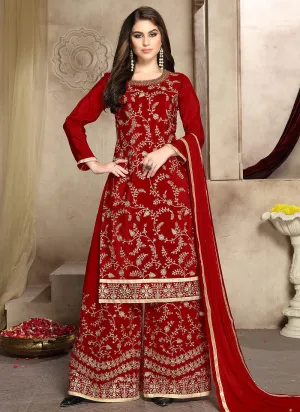 Red And Golden Zari Embroidered Palazzo Suit