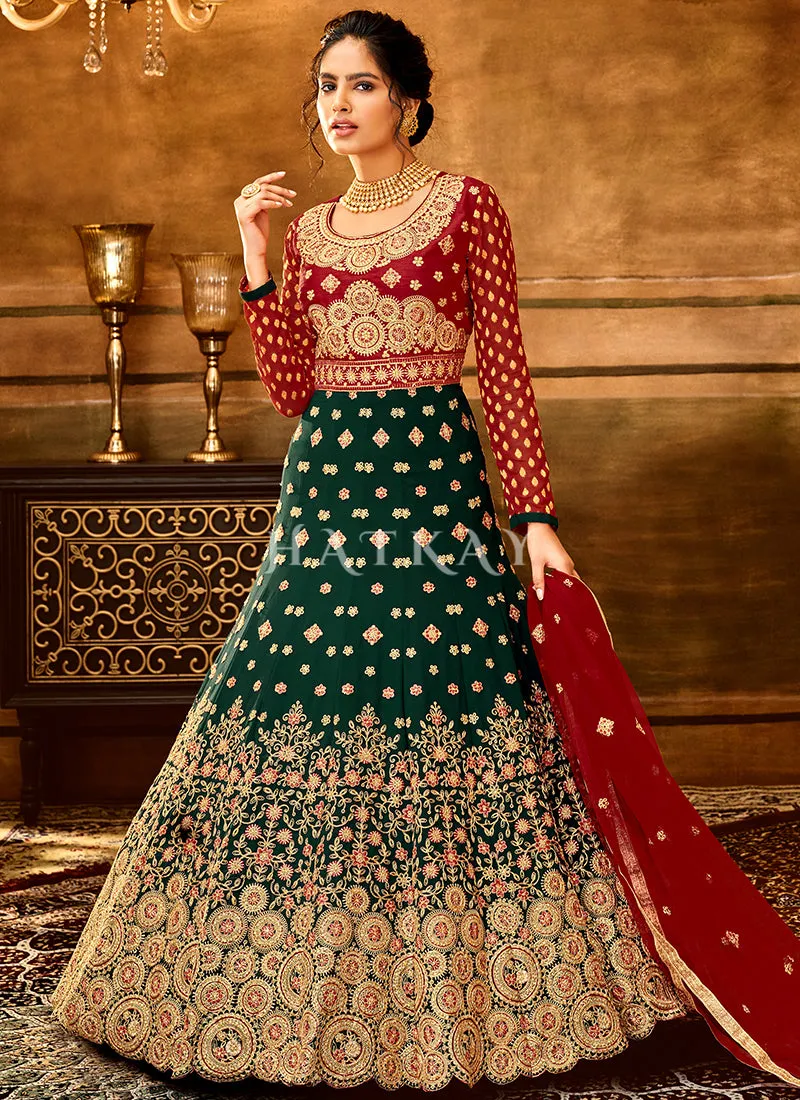 Red And Green Embroidery Wedding Anarkali Suit