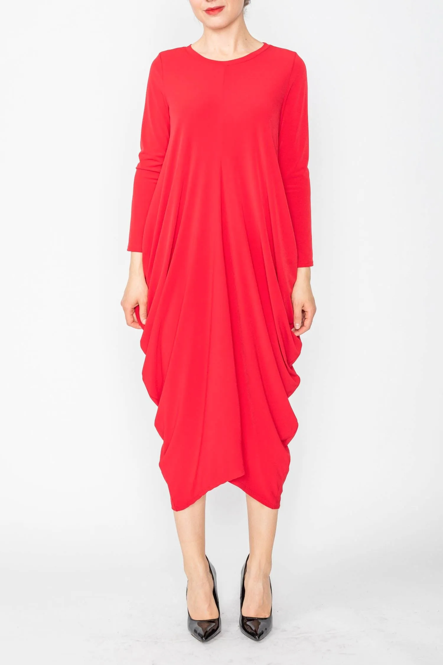 Red Draped Side Long Sleeve Dress