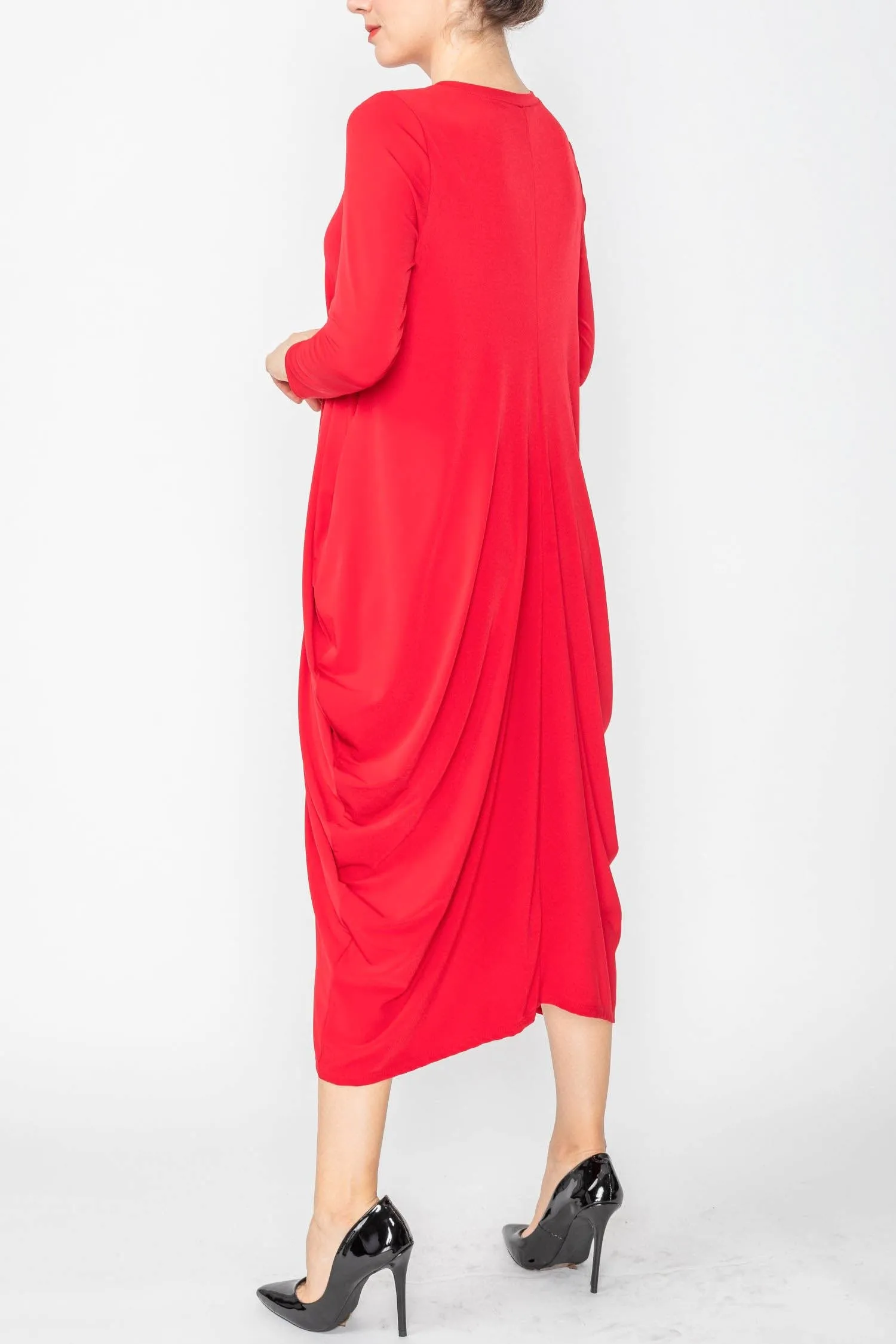 Red Draped Side Long Sleeve Dress