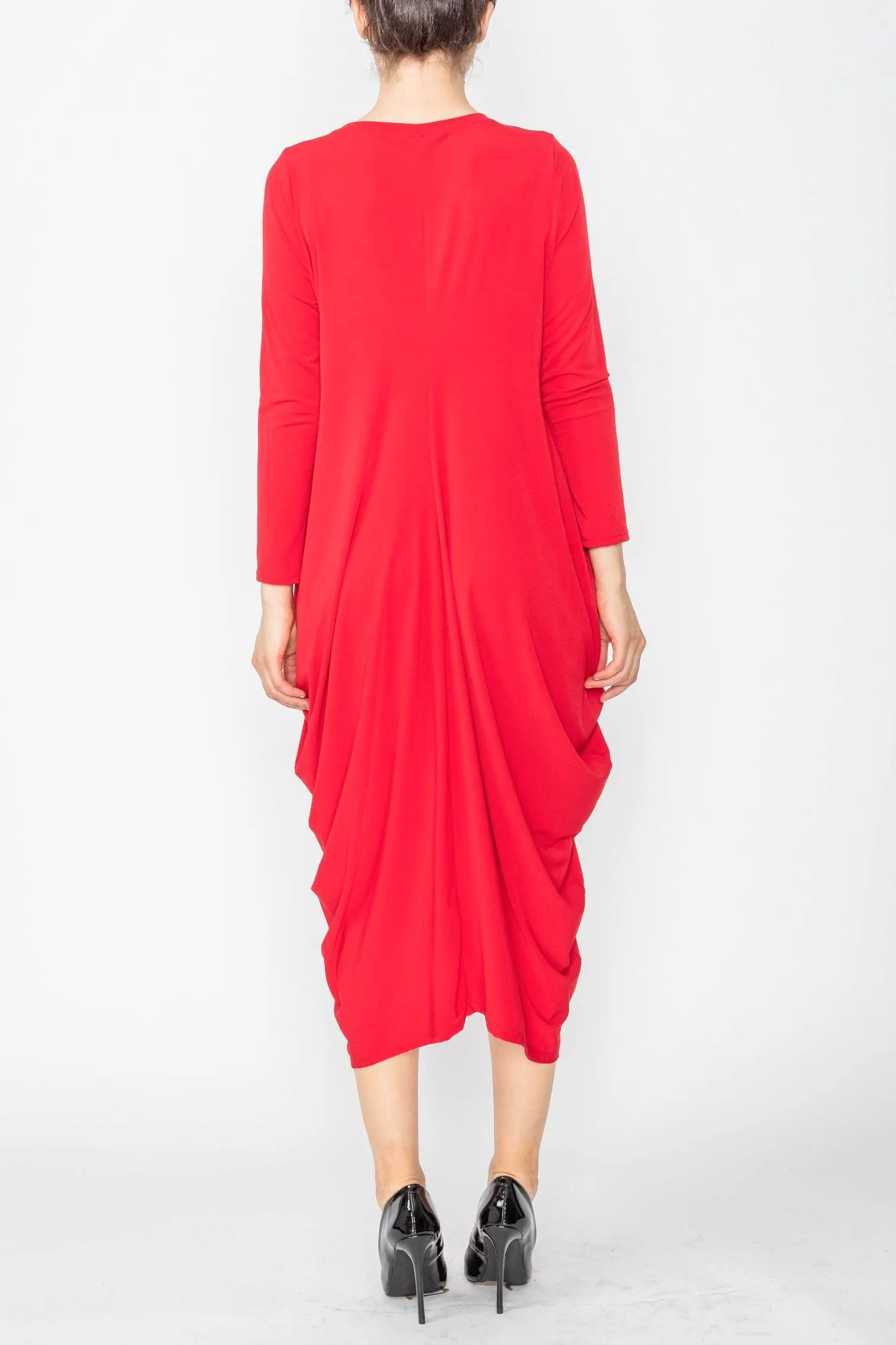 Red Draped Side Long Sleeve Dress