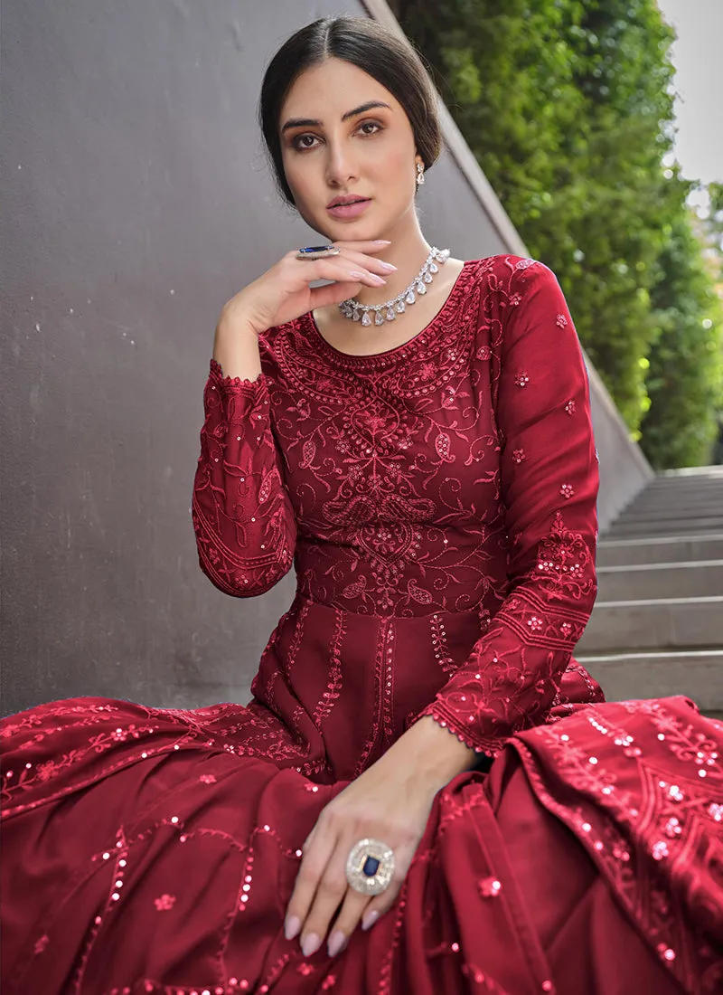 Red Sequence Embroidery Georgette Anarkali Gown