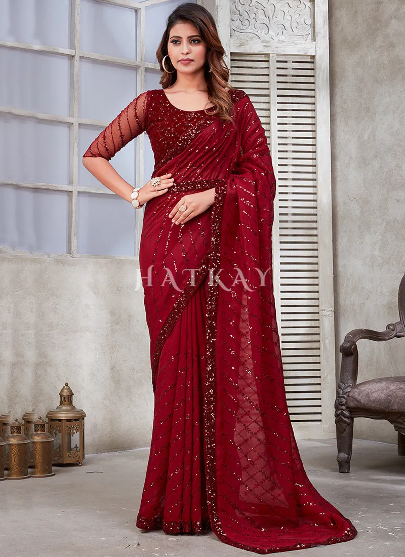 Red Sequence Embroidery Organza Silk Saree With Belt