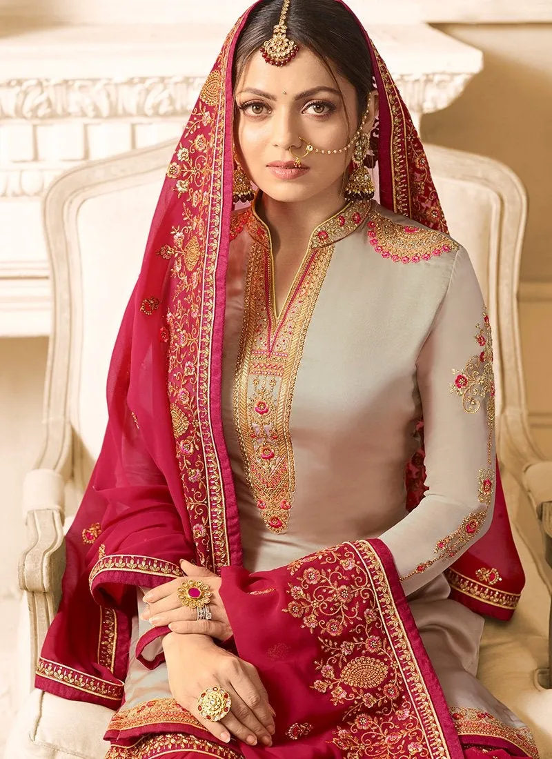 Red With Beige Embroidered Designer Gharara Palazzo Suit