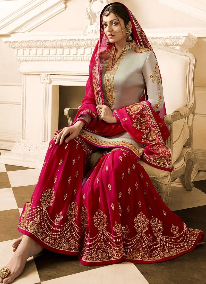 Red With Beige Embroidered Designer Gharara Palazzo Suit