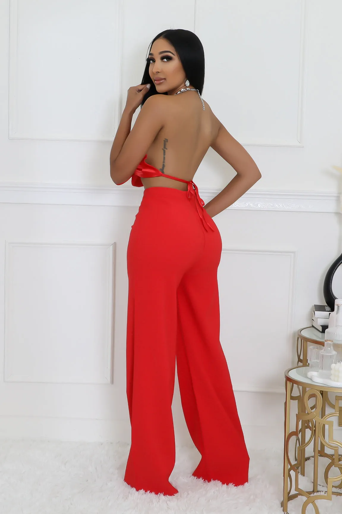 RHINESTONE HALTER FLOWER TOP AND WIDE LEG PANT SET (RED)