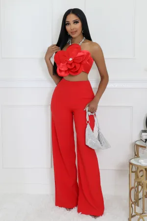 RHINESTONE HALTER FLOWER TOP AND WIDE LEG PANT SET (RED)