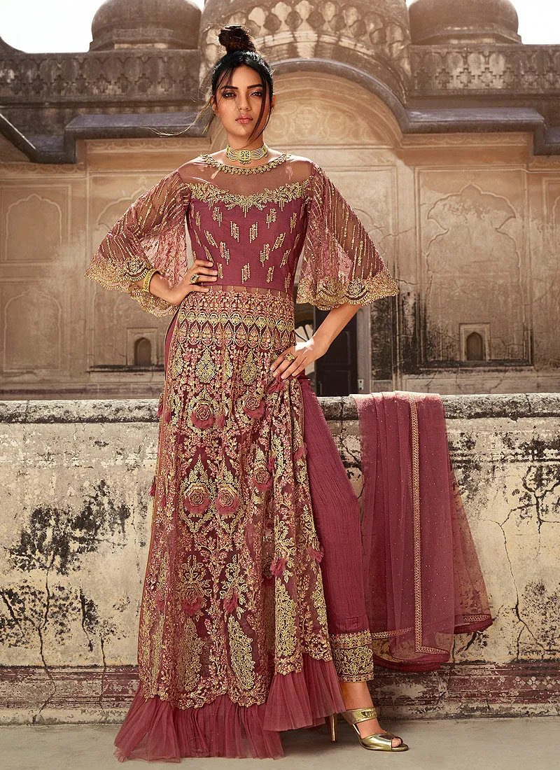 Rose Pink Embroidered Anarkali Lehenga/Pant Suit