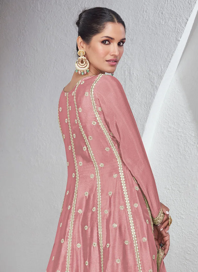 Rose Pink Embroidery Anarkali Palazzo Suit