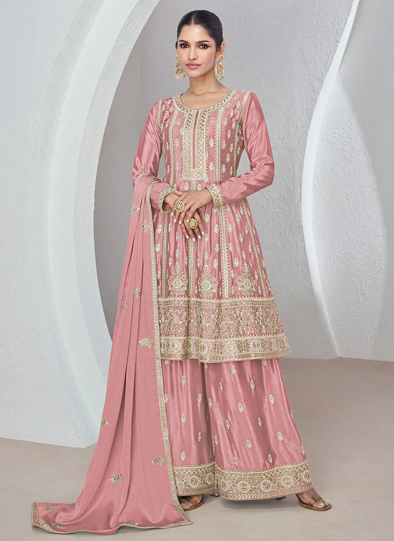 Rose Pink Embroidery Anarkali Palazzo Suit