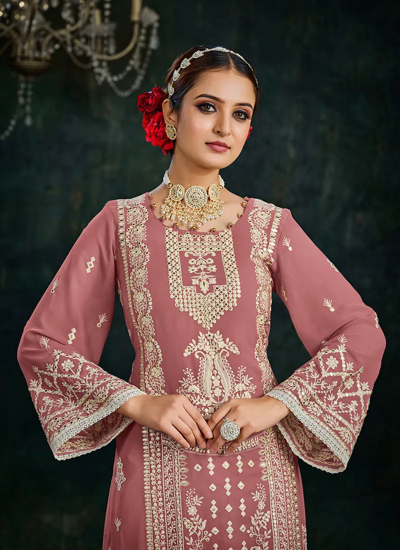 Rose Pink Embroidery Palazzo Style Suit