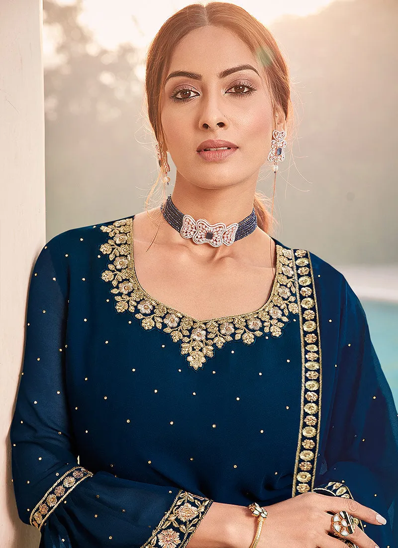 Royal Blue Embroidered Bridal Style Gharara Suit