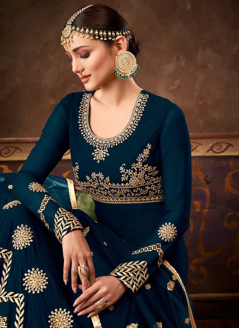 Royal Blue Embroidered Georgette Anarkali Pant Suit