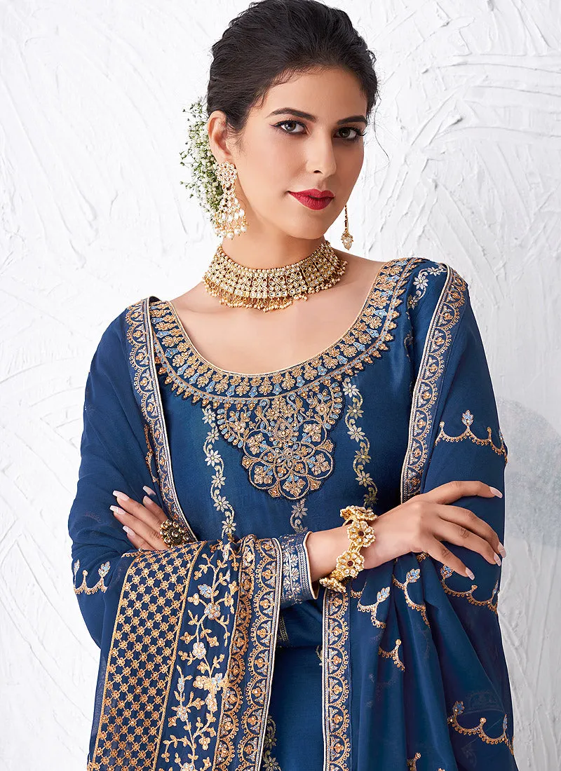 Royal Blue Embroidered Palazzo Suit