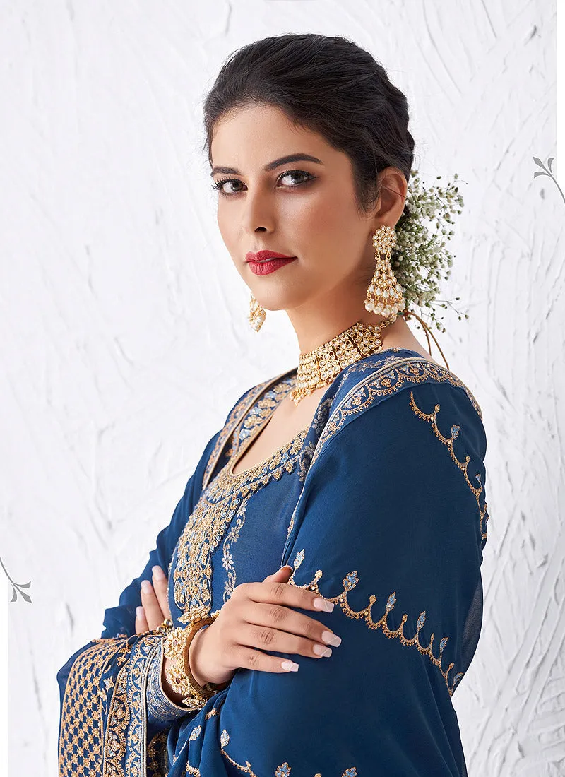 Royal Blue Embroidered Palazzo Suit