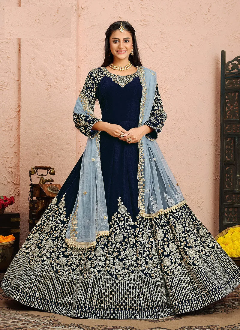 Royal Blue Embroidered Velvet Anarkali Suit