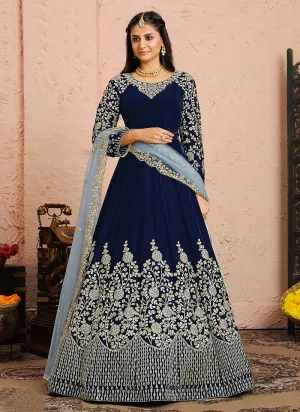 Royal Blue Embroidered Velvet Anarkali Suit