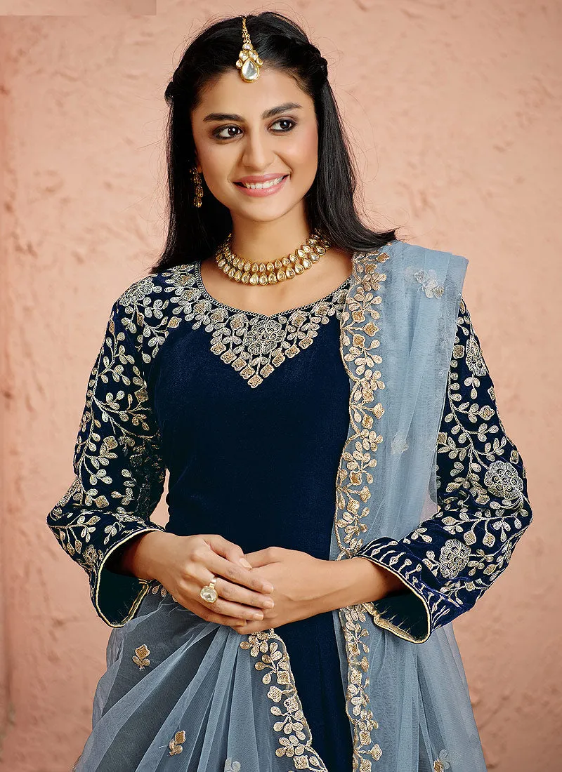 Royal Blue Embroidered Velvet Anarkali Suit