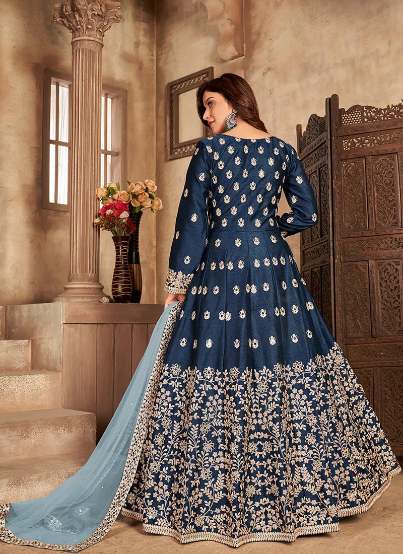 Royal Blue Embroidery Slit Style Anarkali Pant Suit