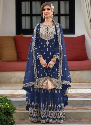 Royal Blue Festive Embroidery Wedding Palazzo Suit