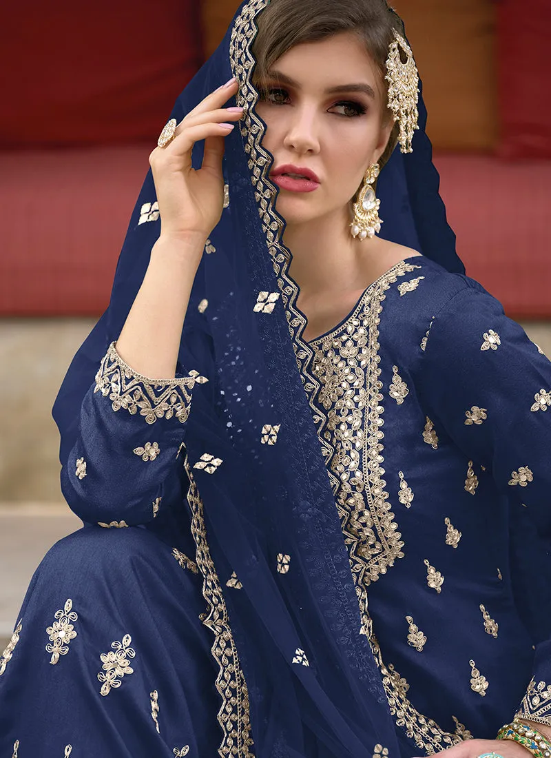 Royal Blue Festive Embroidery Wedding Palazzo Suit