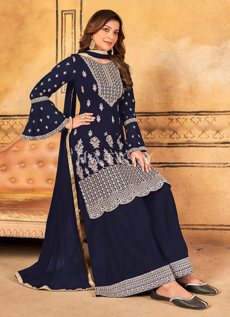 Royal Blue Georgette Embroidery Traditional Palazzo Suit