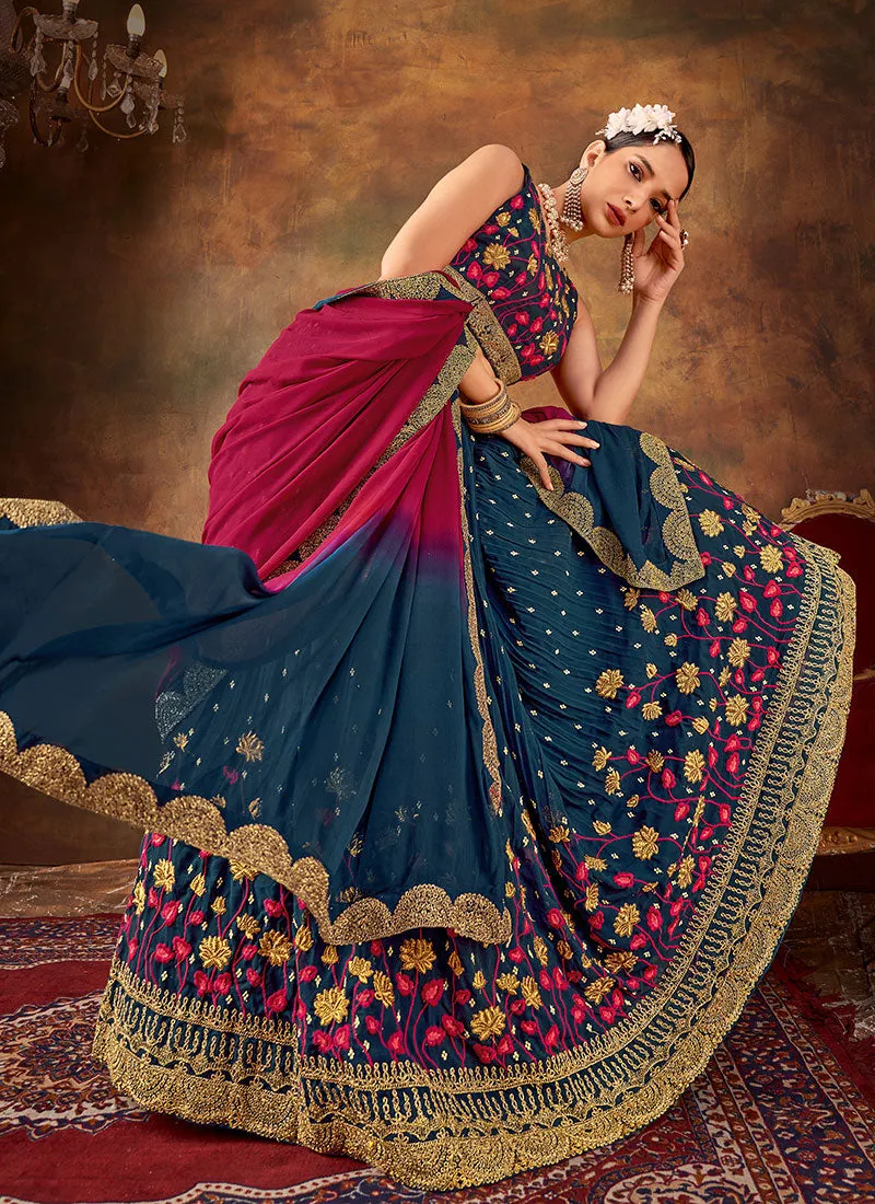 Royal Blue Multi Embroidery Wedding Lehenga Choli And Dupatta