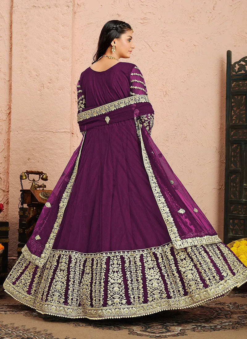 Royal Purple Golden Zari Embellished Designer Anarkali Suit