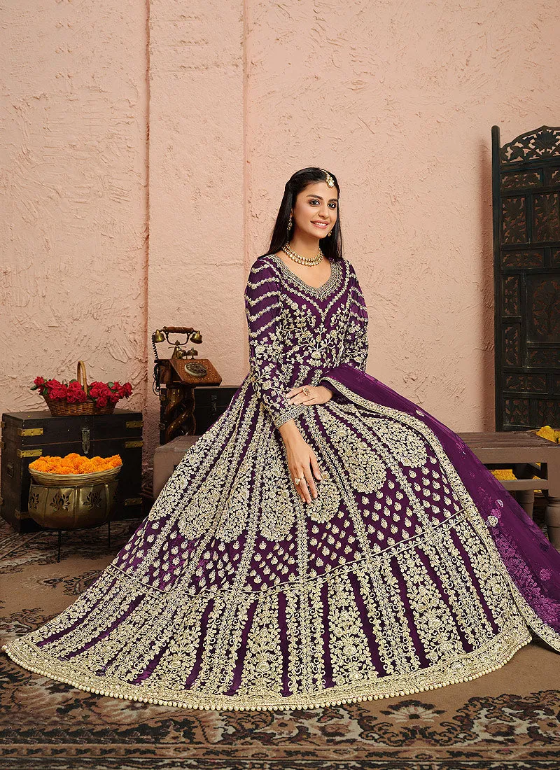 Royal Purple Golden Zari Embellished Designer Anarkali Suit