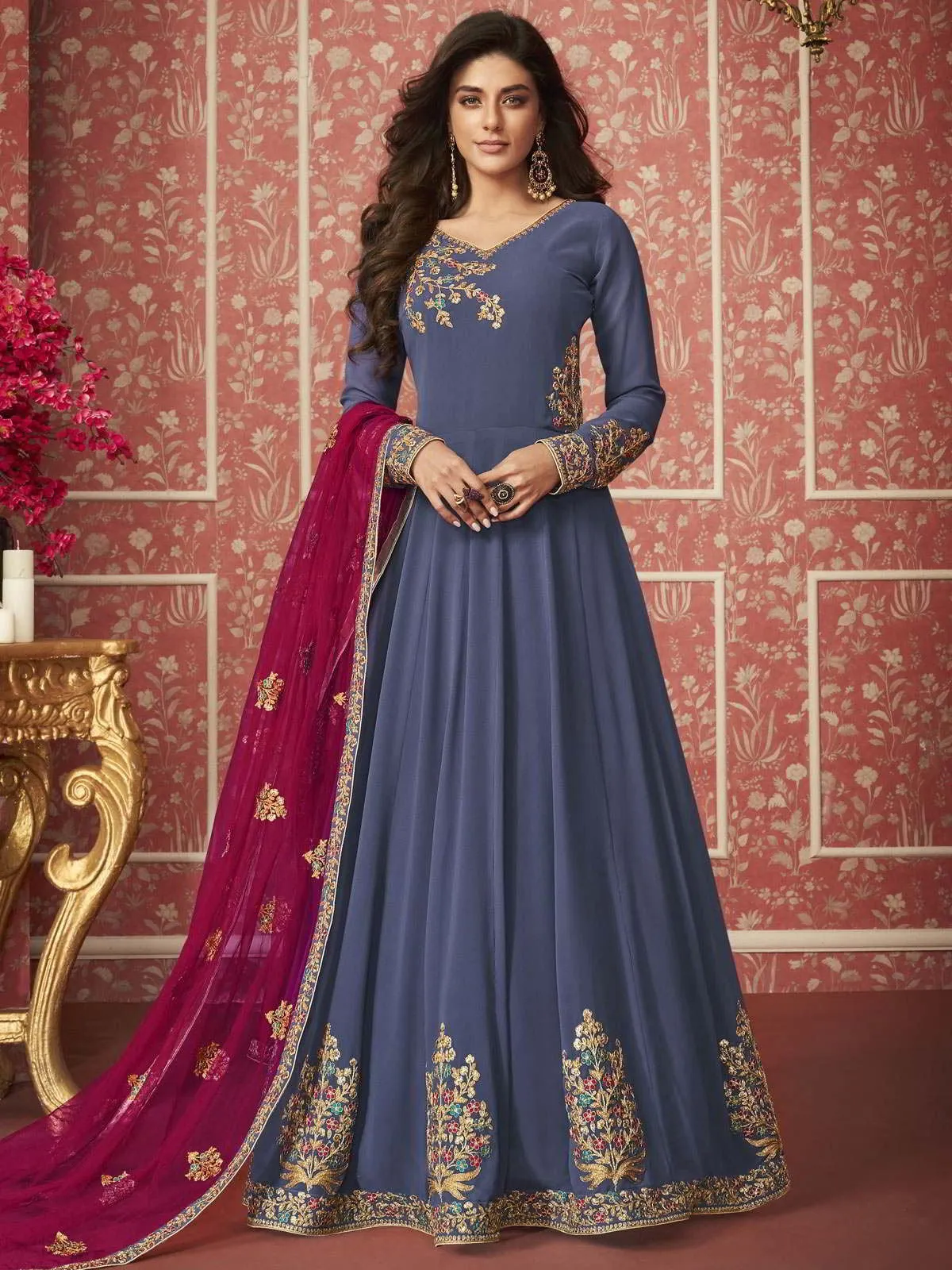 Rust Blue And Pink Zari Embroidered Traditional Anarkali Suit