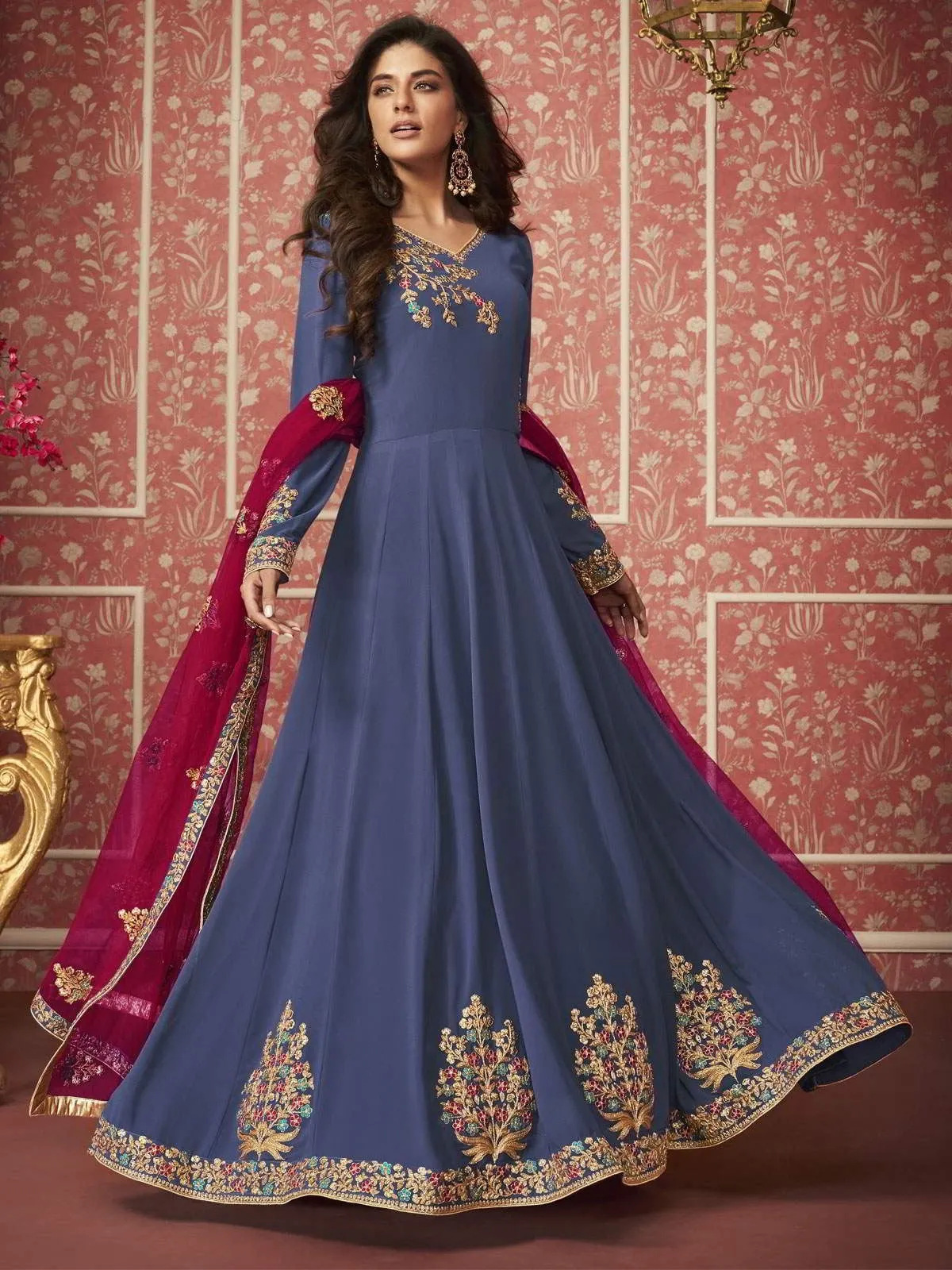 Rust Blue And Pink Zari Embroidered Traditional Anarkali Suit