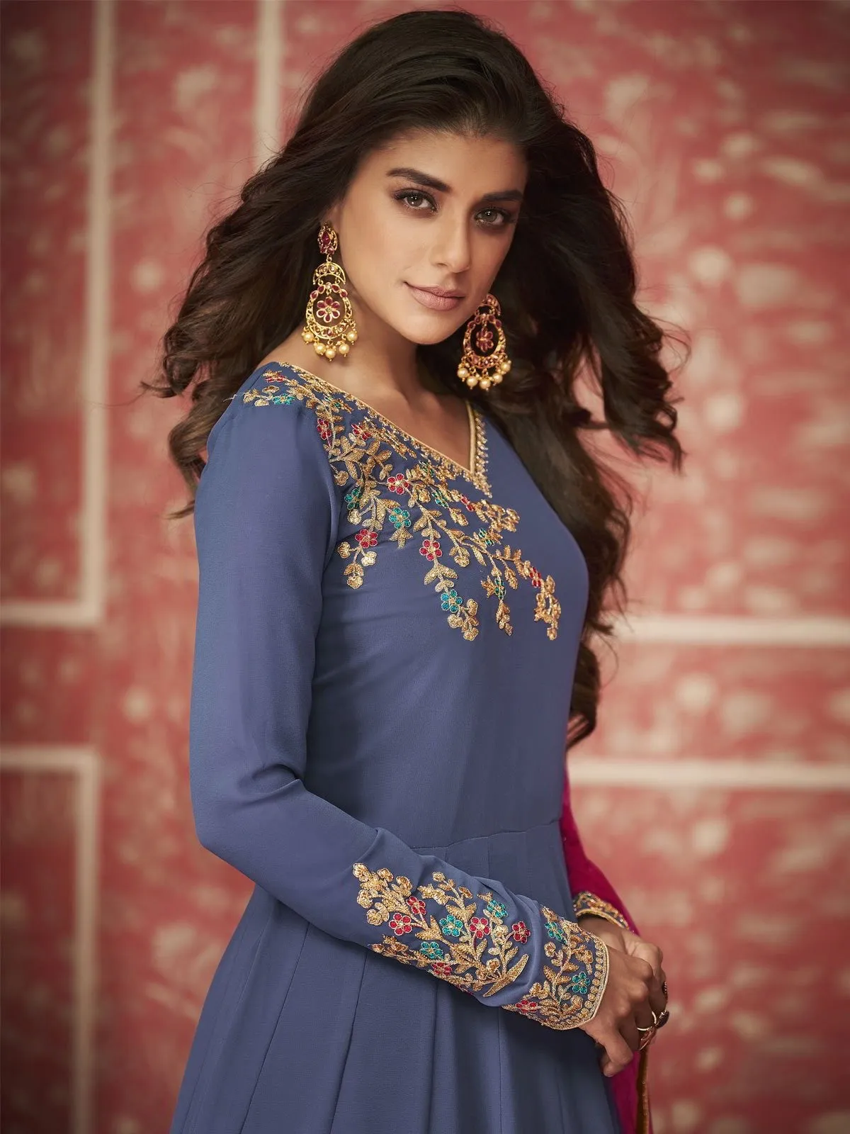 Rust Blue And Pink Zari Embroidered Traditional Anarkali Suit