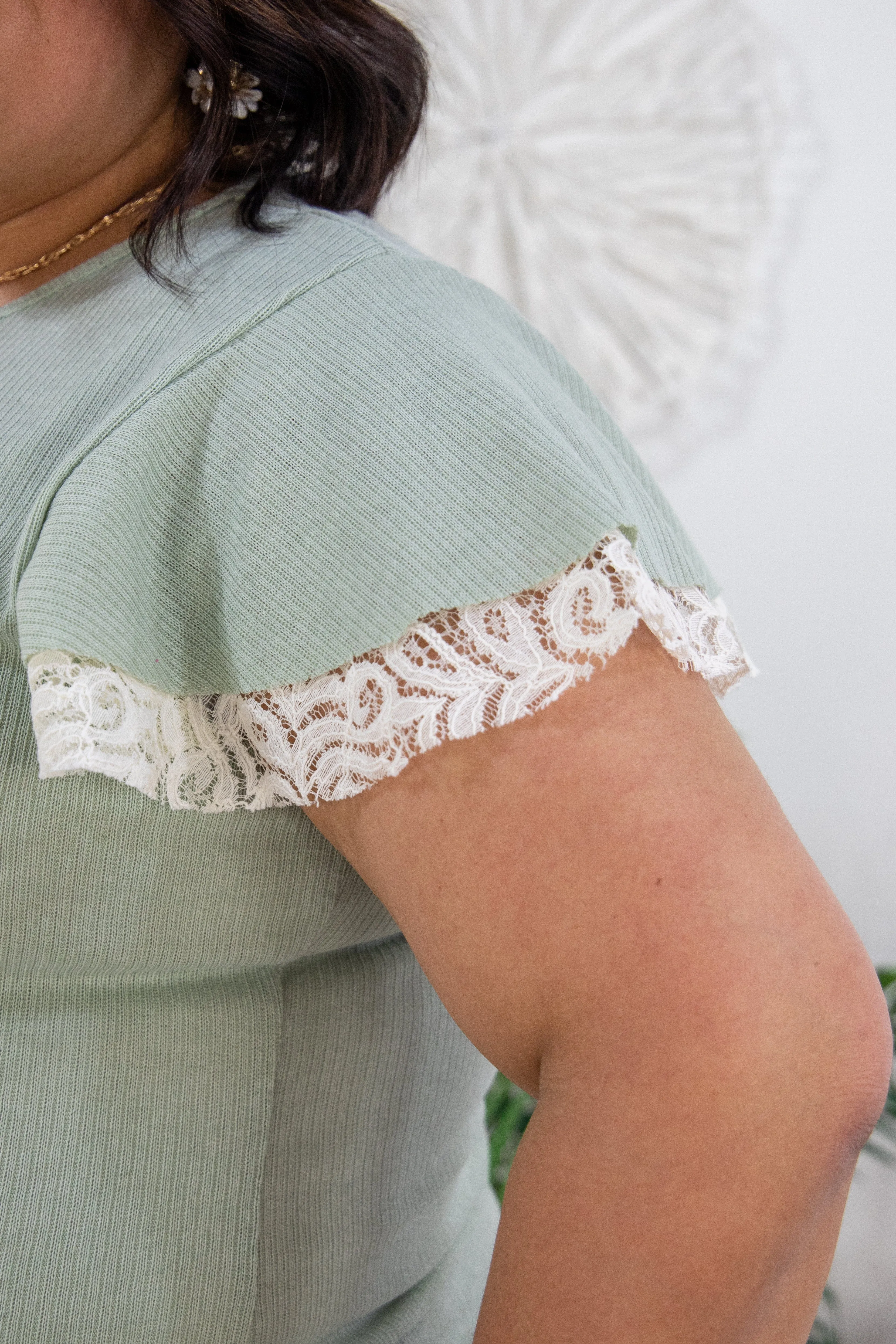 Sage Lace Detail Shortsleeve Top