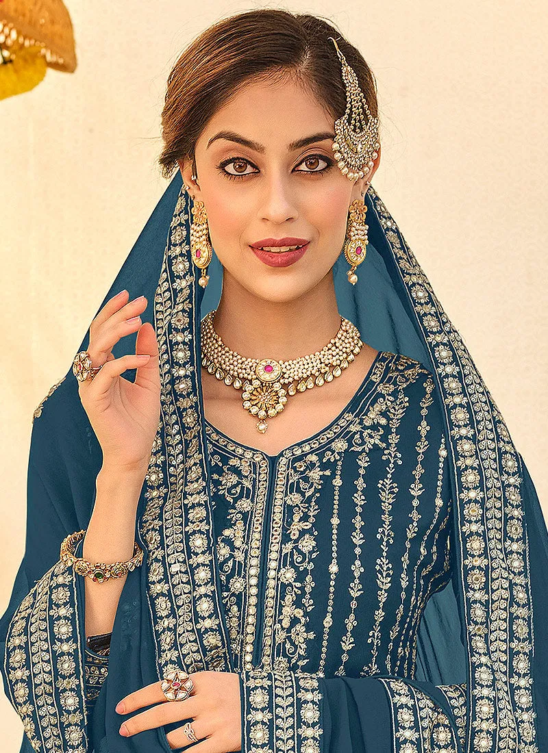 Sapphire Blue Embroidered Sharara Suit