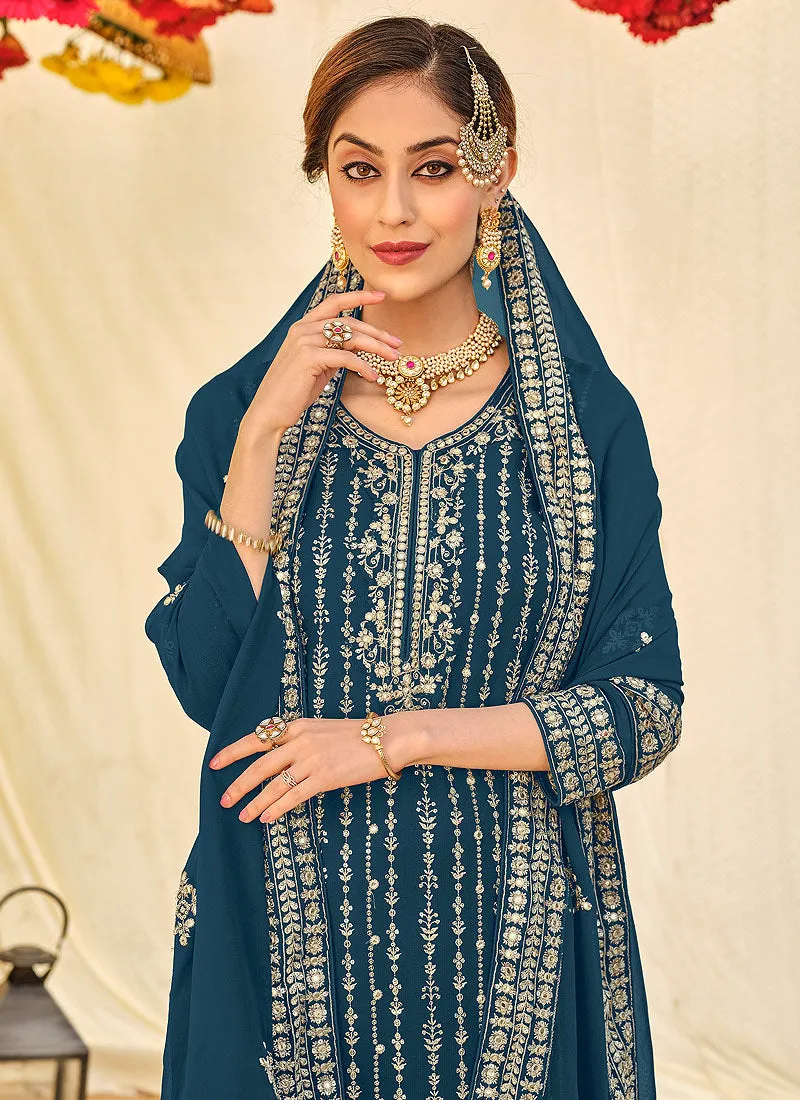 Sapphire Blue Embroidered Sharara Suit