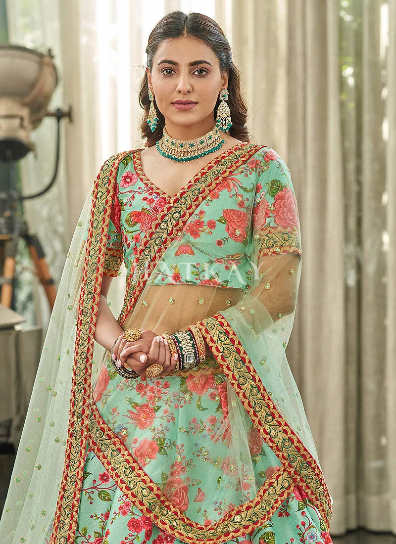 Sea Green Digital print Embroidery Silk Lehenga Choli