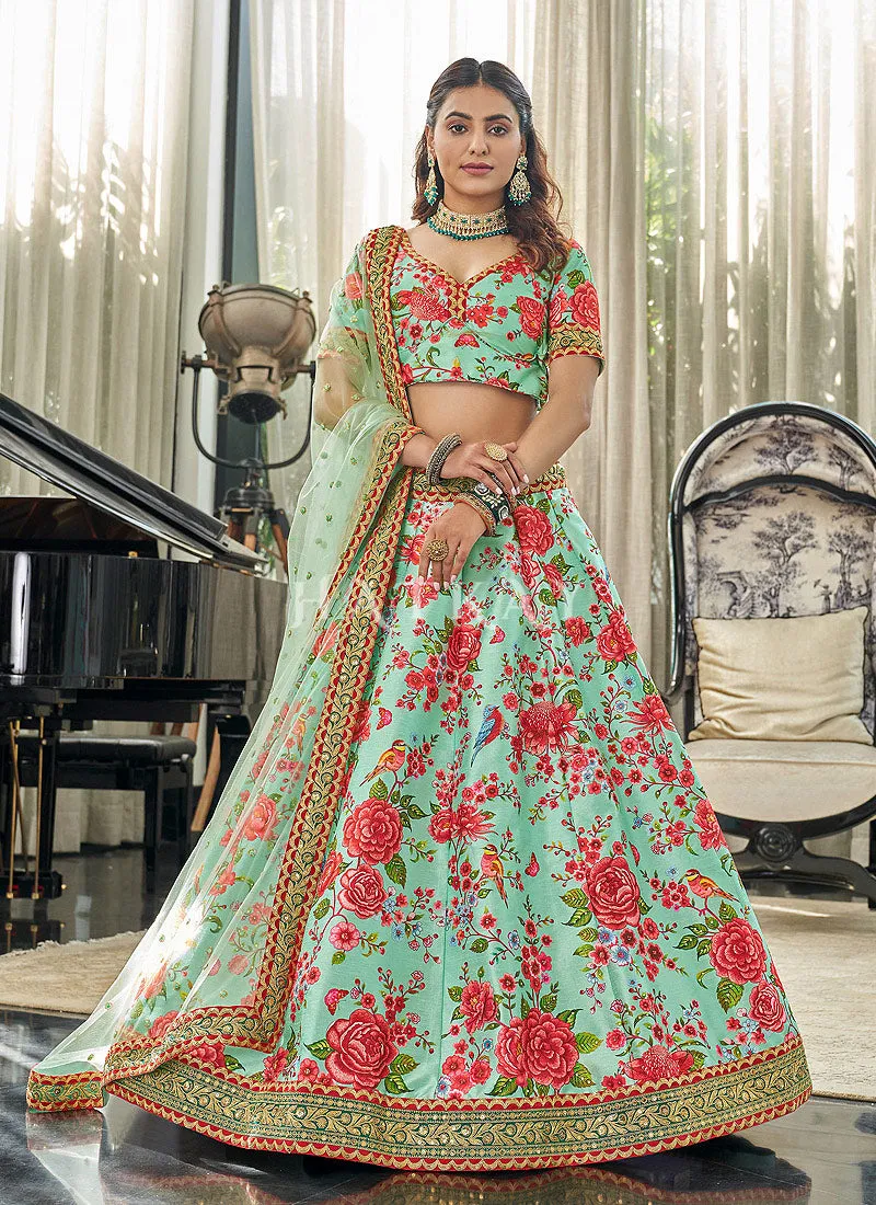 Sea Green Digital print Embroidery Silk Lehenga Choli