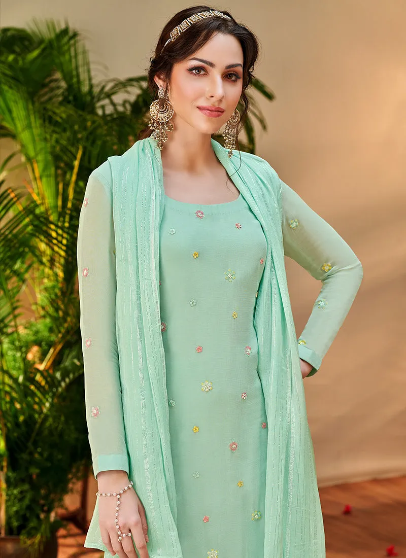 Sea Green Multi Floral Embroidery Pant Style Suit