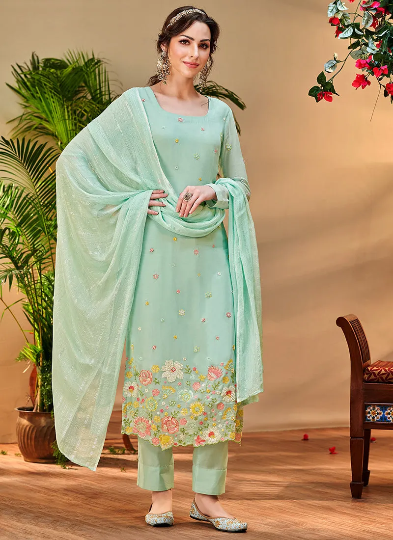 Sea Green Multi Floral Embroidery Pant Style Suit