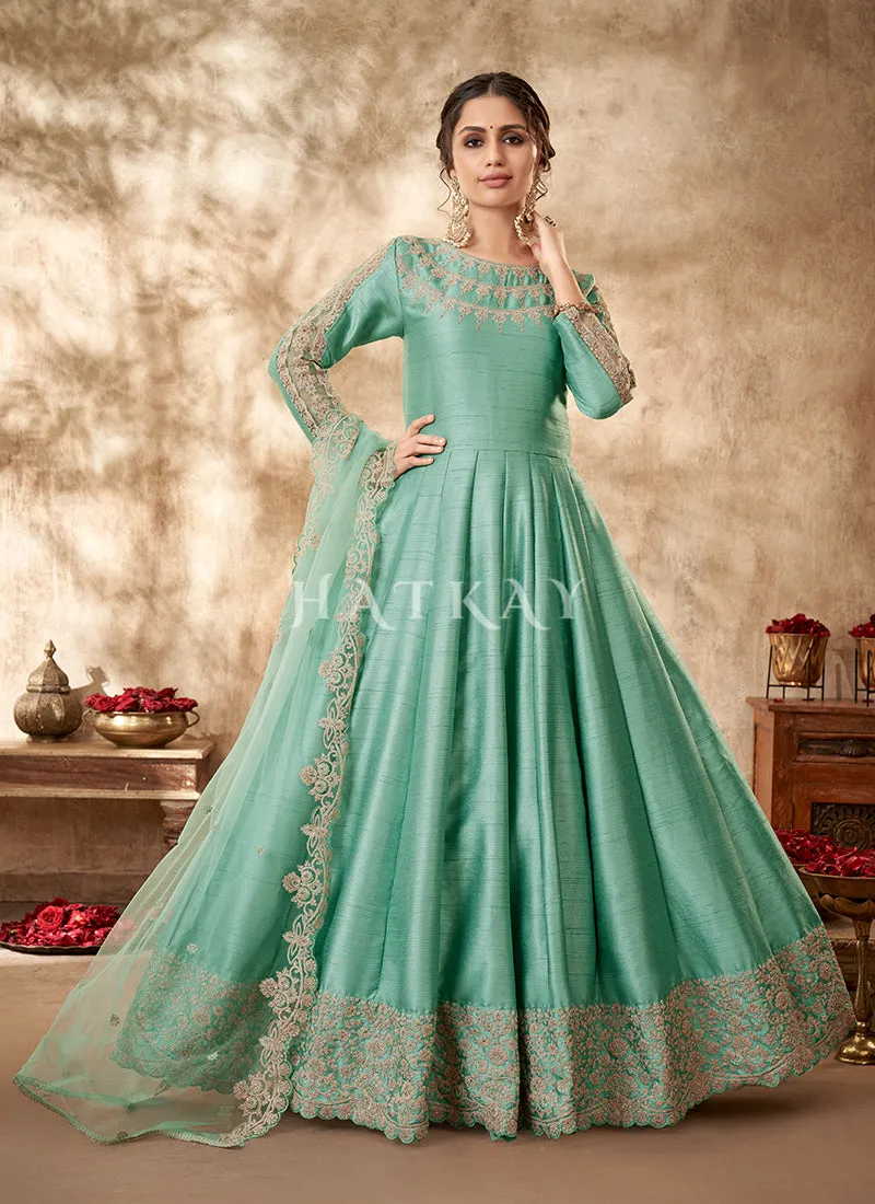 Sea Green Zari Embroidered Traditional Silk Anarkali