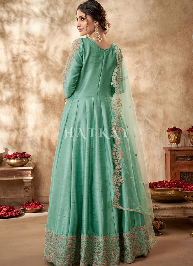 Sea Green Zari Embroidered Traditional Silk Anarkali