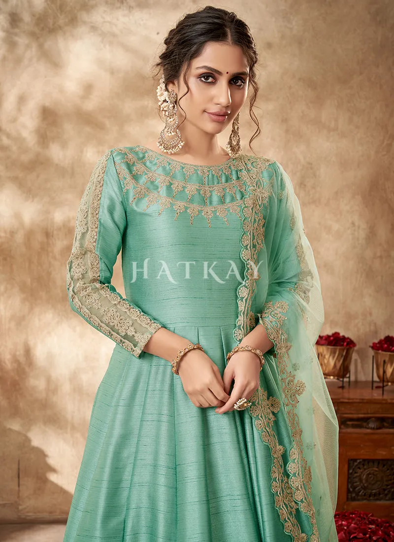 Sea Green Zari Embroidered Traditional Silk Anarkali