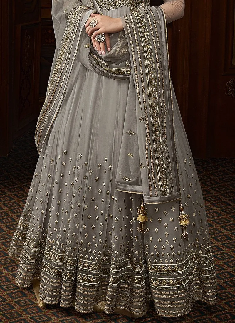 Silver Grey Embroidered Net Anarkali Suit