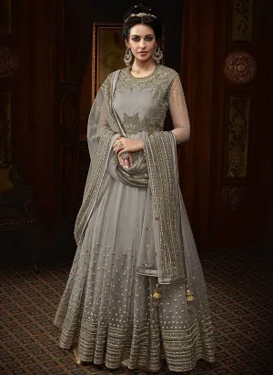 Silver Grey Embroidered Net Anarkali Suit