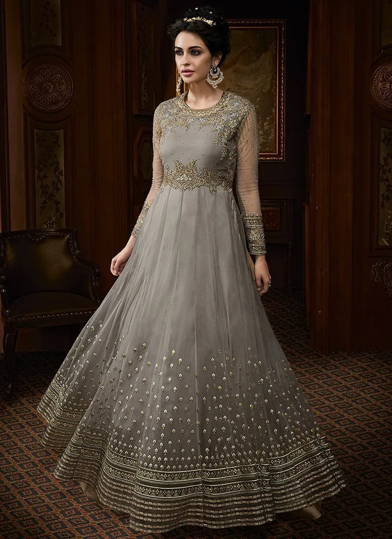 Silver Grey Embroidered Net Anarkali Suit