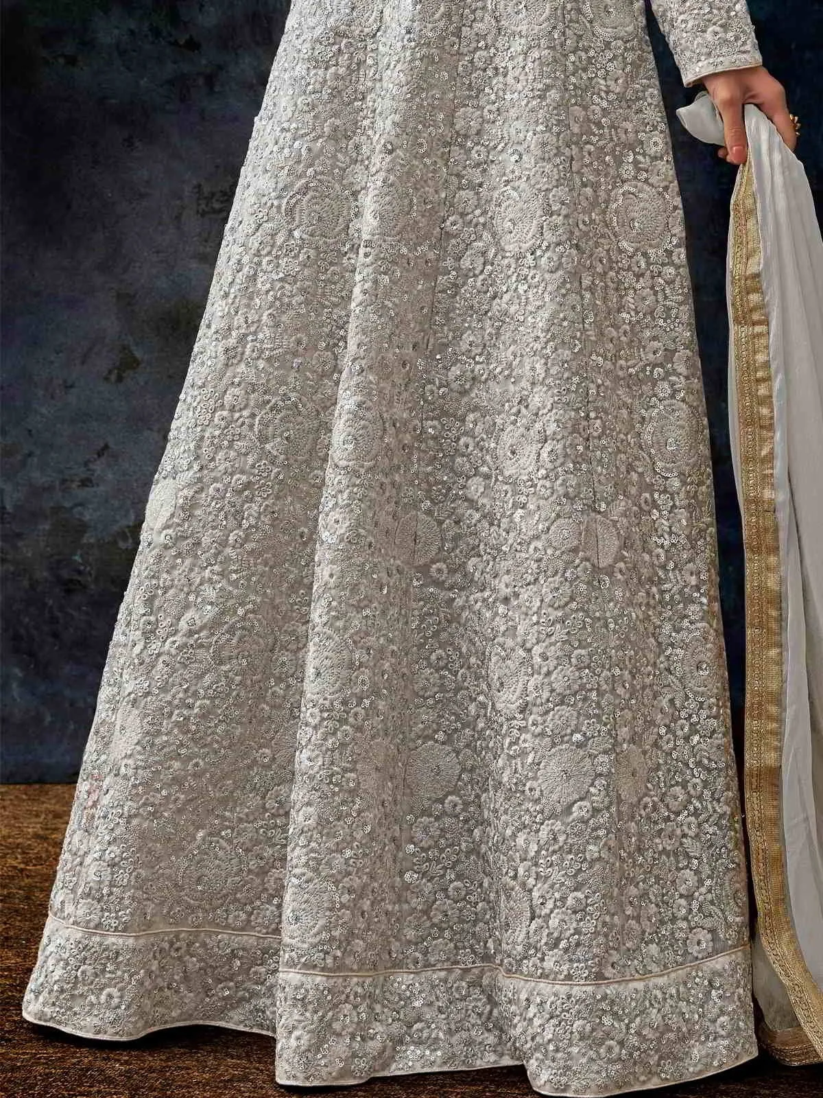 Silver Overall Embroidered Silk Anarkali Suit