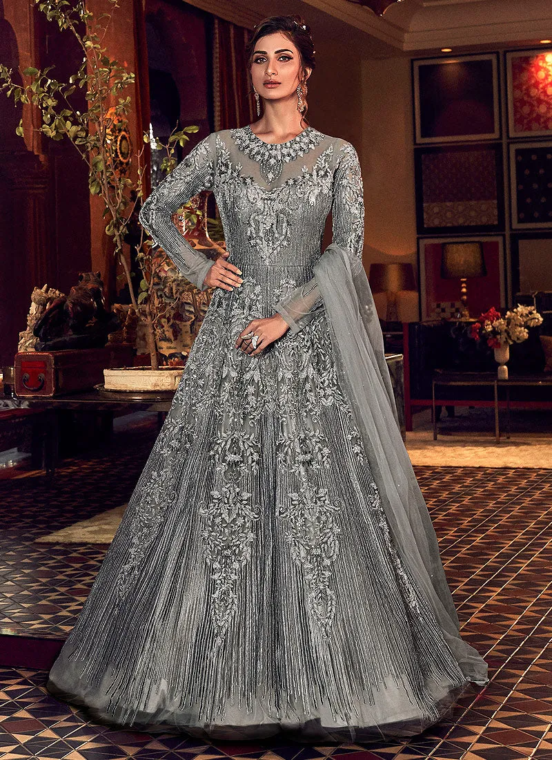 Silverish Grey Embroidered Wedding Anarkali Gown